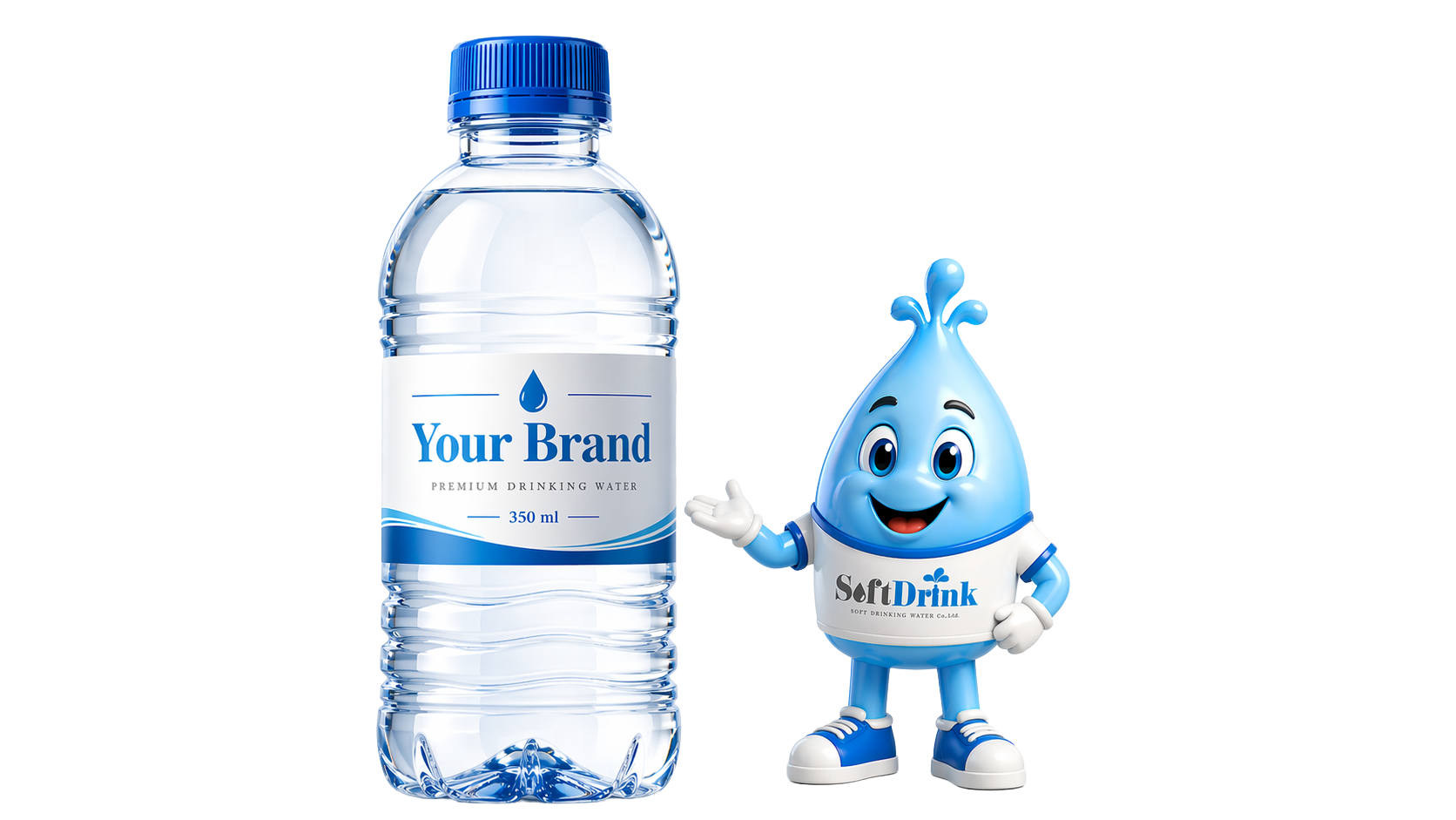 Your brand, bottled by SoftDrink — with Soft the mascot